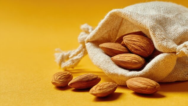 Almonds in a linen pouch on a bright yellow background