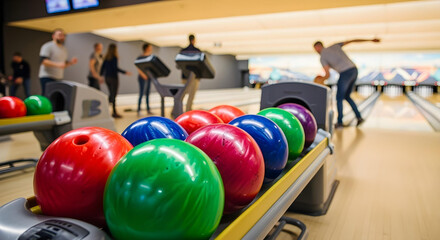 Bowling alley interior with colorful balls on glossy rack and playful players