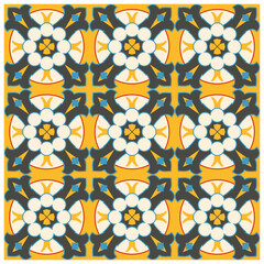 Decorative tile pattern featuring symmetrical floral motifs and stylized cross shapes on a warm yellow background, ideal for design projects.