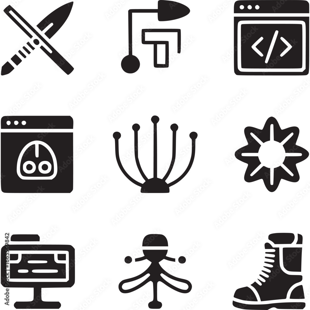Poster art of a grid of nine black silhouette icons representing various digital and technological concepts
