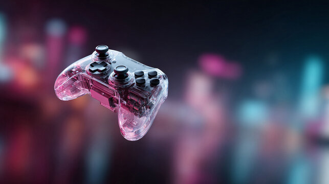 Futuristic translucent gamepad against blurred neon lights. Concept for gaming, esports, technology, innovation. Could represent control, connection, virtual worlds. - Powered by Adobe