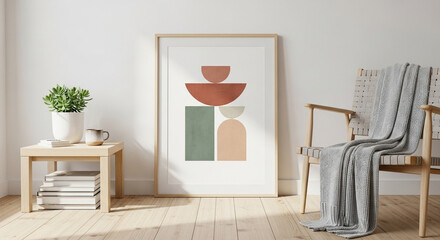 An abstract art piece is displayed on a white wall, complemented by a side table with a potted plant and a stack of books, creating a minimalist interior.