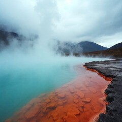 Fototapeta premium A breathtaking geothermal hot spring with vibrant orange and red mineral deposits along the rocky edge, steaming water blending into turquoise tones, creating a mystical atmosphere. 