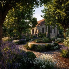 Stone church nestled in a sun-drenched garden. Lush greenery surrounds a cobblestone path leading to a historic building