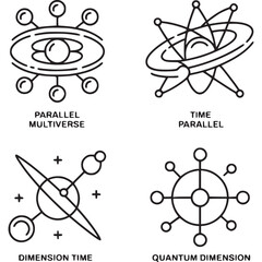 Art of set of abstract icons representing parallel multiverse, time parallel, dimension time, and quantum dimension concepts