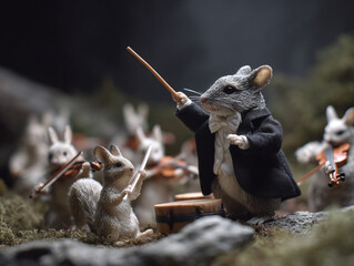 Whimsical miniature animal orchestra Mouse conductor leads bunny musicians with violins. Charming, creative concept perfect for storybooks, invitations, or ads.