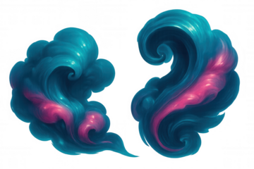 Vibrant turquoise and pink smoke clouds intertwining, merging dynamically against transparent backdrop, forming fluid ethereal design