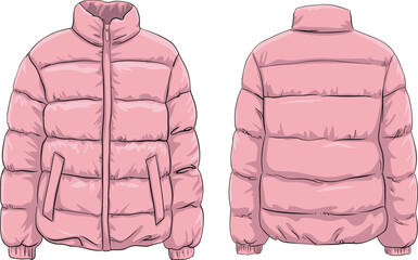 CAD Drawing Flat Vector Illustration of Pink Puffer Jacket Winter Coat Design Warm Quilted Outerwear Fashion Technical Sketch Front and Back View Casual Style