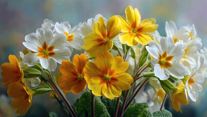 Close-up of a bouquet of primroses, white and yellow flowers with orange centers, soft focus background