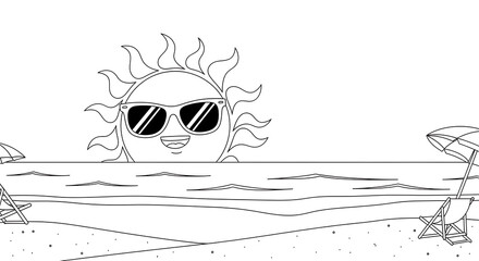 A black and white coloring page of a smiling cartoon sun with sunglasses setting over a summer beach scene.