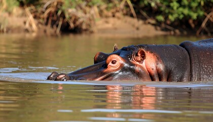 Obraz premium A hippopotamus rests serenely in tranquil water, its dark skin reflecting the sunlight on the still surface.
