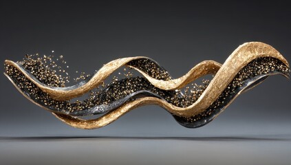 Abstract, flowing ribbons of gold and dark gray, studded with small spheres