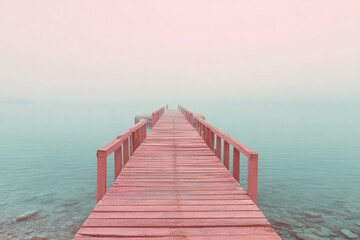 Obraz premium A pink wooden pier extends into a hazy, pastel-toned lake