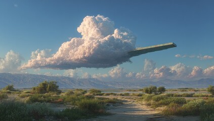 A large, light-teal rectangular object floats above a cumulus cloud, over a desert landscape. Light pastel colors in a vast, serene sky