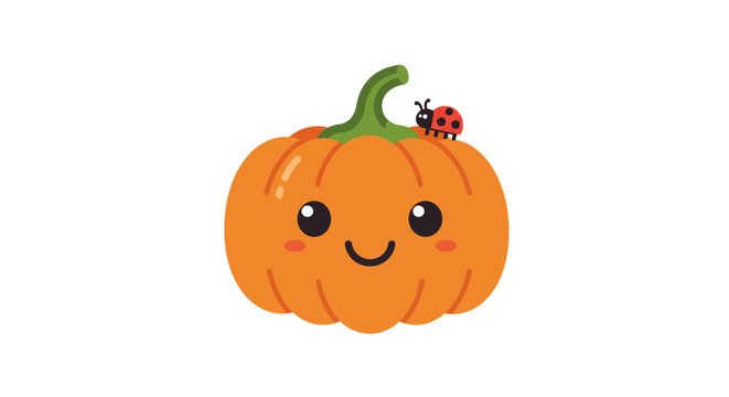 Cute pumpkin with smiling face and ladybug for autumn and halloween