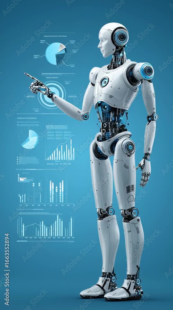 Poster robotic figure interacts with digital graphs and data visualizations in a futuristic environment