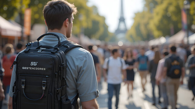 Medium shot of a sleek 5G backpack encoder device in crisp detail set against a gently blurred crowd scene showcasing portable streaming technology in dynamic outdoor settings.