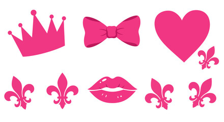 Playful pink royal elements: crown, bow, heart, lips, fleur de lis