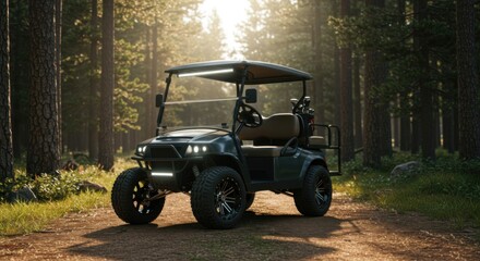 A rugged golf cart placed among green pines on a rough trail, representing freedom outdoors.