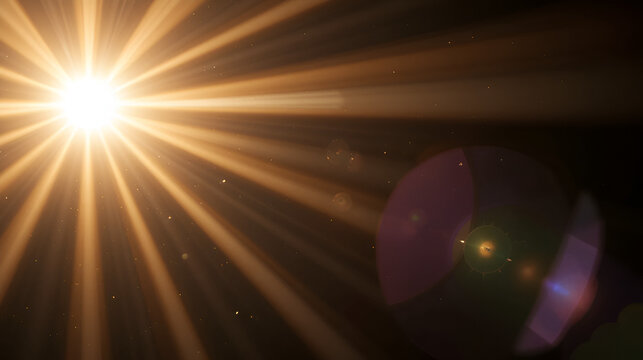 Overlay, flare light transition, effects sunlight, lens flare, light leaks. High-quality stock image of warm sun rays light effects, overlays or golden flare isolated on black background for design