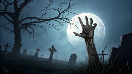 Zombie hand reaching from the grave in a spooky graveyard under a full moon