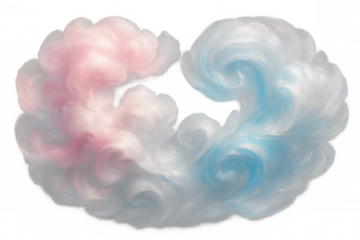 Pink and blue cotton candy clouds swirling together, forming a heart shape against a transparent background