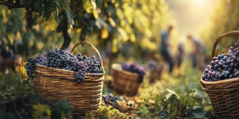 The baskets of freshly harvested grapes in a sunlit vineyard during autumn.