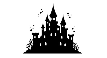 Majestic castle silhouette with turrets and towers in fairy tale style
