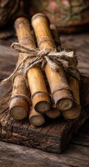 Bundled sugar cane stalks on rustic wooden board