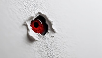 A red eye peering through a hole in a white wall