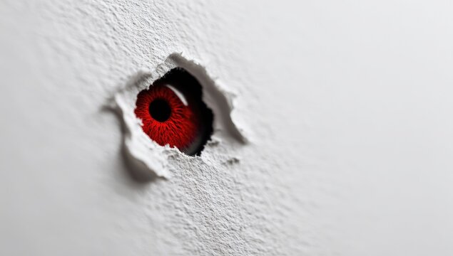A red eye peering through a hole in a white wall