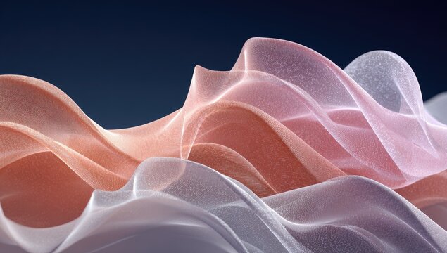 Abstract, flowing forms of translucent, textured fabric in peach and pale lavender hues against a dark background