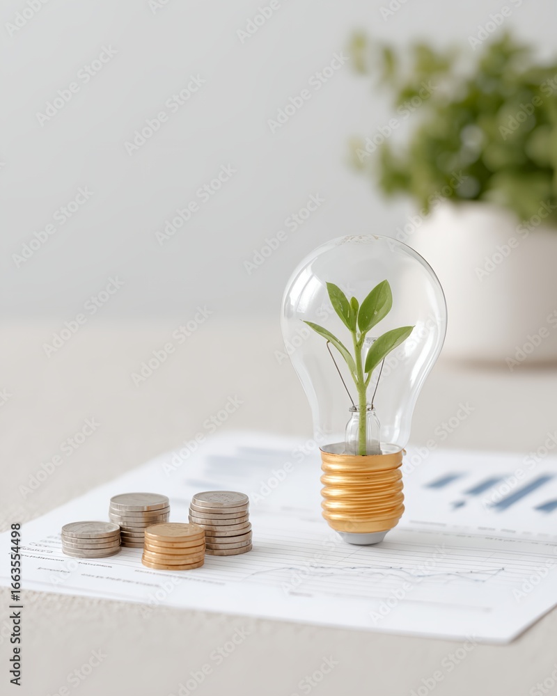 Poster light bulb with a plant inside of it is on top of a stack of coins