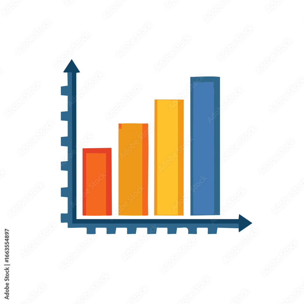 Poster bar chart with ascending values, data representation with orange, yellow, blue bars showing increasi