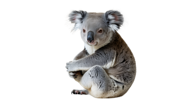 Adorable koala with fluffy ears sits peacefully against a white background