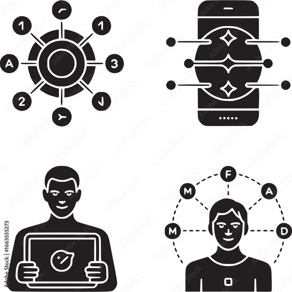 Poster Art of set of glyph icons representing digital network, mobile technology, data connection, and user interaction with digital devices