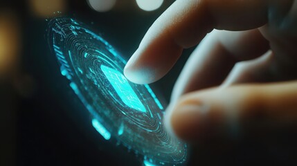 Finger touching a glowing futuristic interface with blue light and circular patterns on a dark background