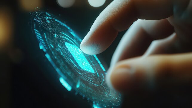 Finger touching a glowing futuristic interface with blue light and circular patterns on a dark background - Powered by Adobe