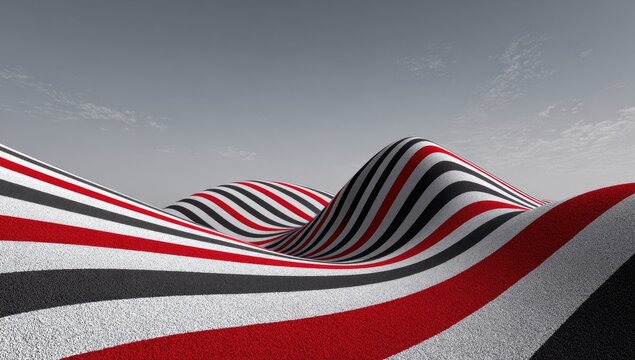 Abstract wavy landscape with red, black, and white stripes