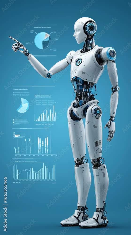 Poster robotic figure interacting with digital data in a futuristic scene showcasing advanced technology co