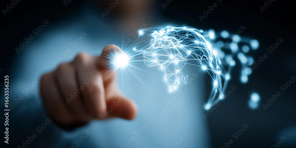 Poster digital finger touches glowing global network connection representing modern technology and internet