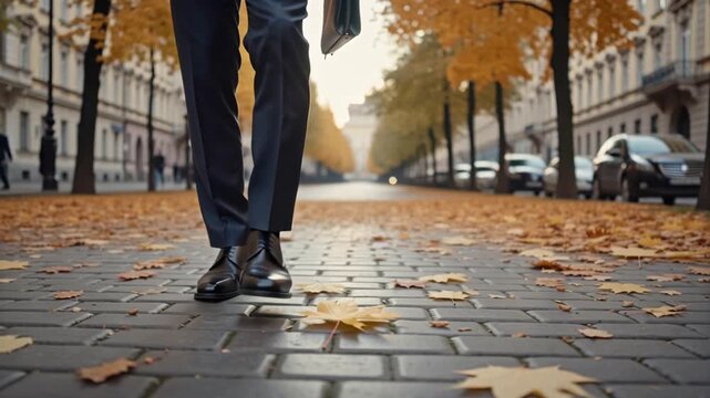 businessman's legs walking through the city, autumn, leaves