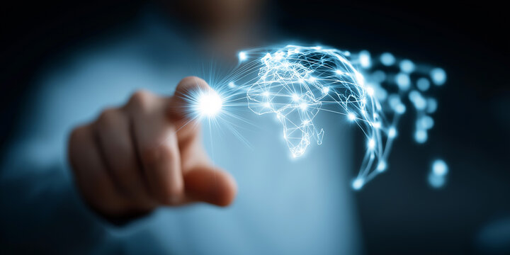 Digital finger touches glowing global network connection representing modern technology and internet connectivity.