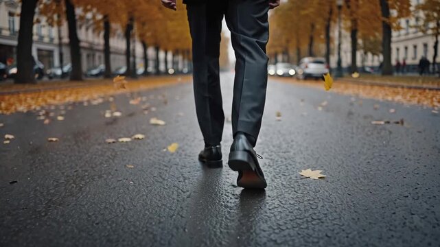 businessman's legs walking through the city, autumn, leaves