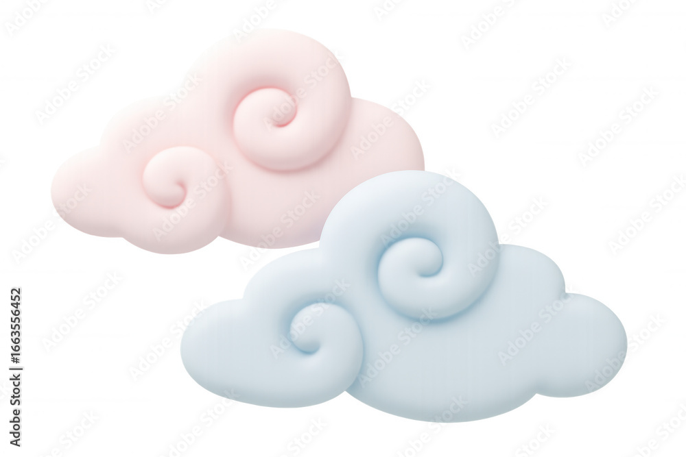 Poster soft 3d pastel clouds—pink and blue—hovering weightlessly, generating minimalist, ethereal design el