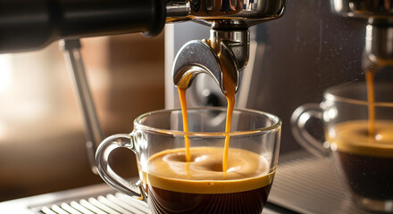 Close-up of espresso machine pouring coffee with crema in warm lighting