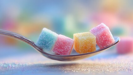 Colorful sugar cubes on a spoon, soft focus