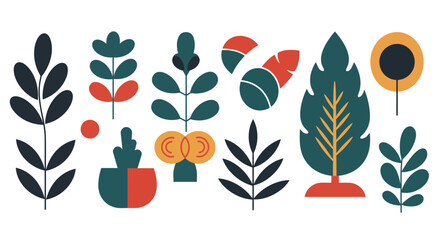 Fototapeta premium Minimalist flat geometric plant and leaf icons in colorful abstract style