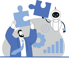 AI assistant helps in business development, man in business suit uses neural network, cute android robot helps man. Machine intelligence, business plan planning, growth chart, puzzle icons, technology