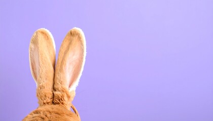A close-up view of a pair of light brown rabbit ears against a solid lavender background.